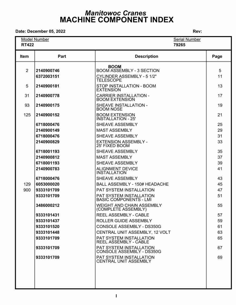 Grove RT422 Crane Parts Manual 79265 2022