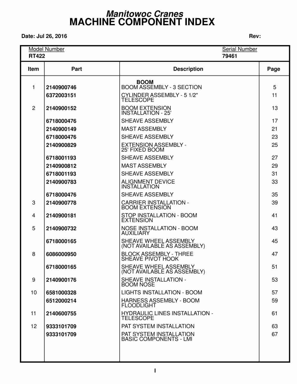 Grove RT422 Crane Parts Manual 79461 2016
