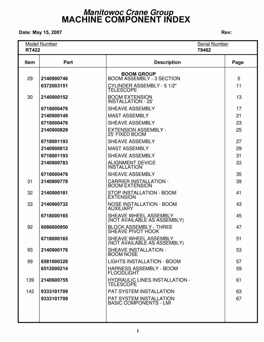 Grove RT422 Crane Parts Manual 79462 2007