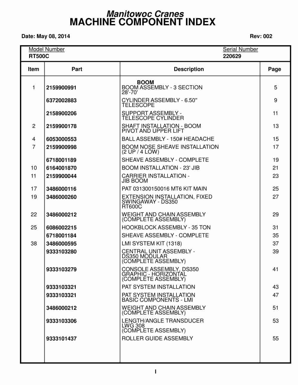 Grove RT500C Crane Parts Manual 220629 2014