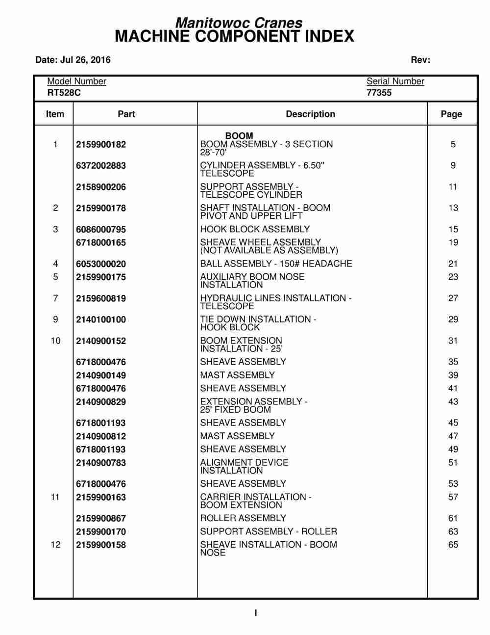 Grove RT500C Crane Parts Manual 77355 2016