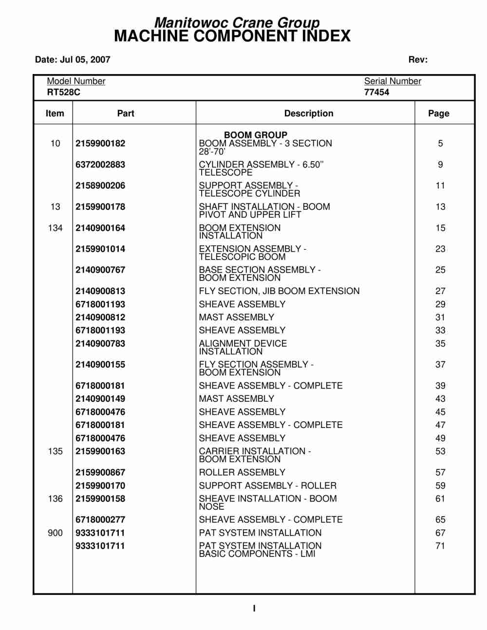 Grove RT500C Crane Parts Manual 77454 2007