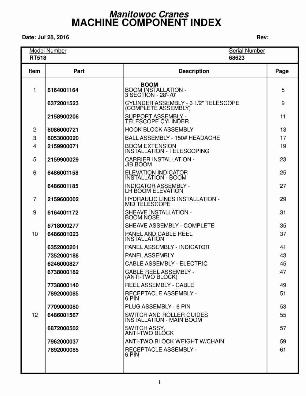 Grove RT518 Crane Parts Manual 68623 2016