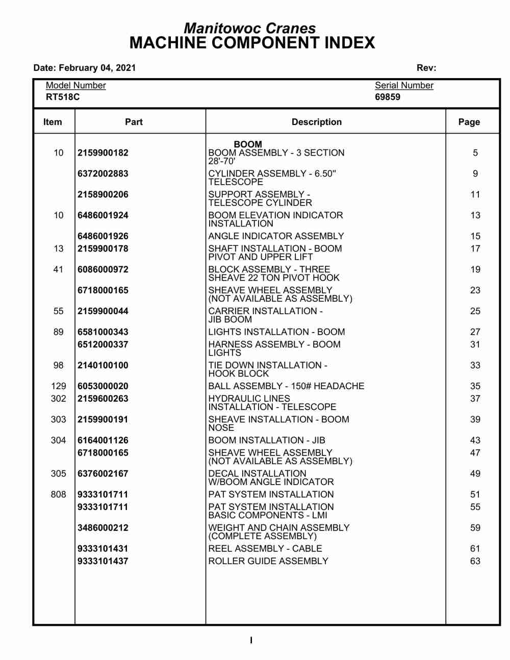 Grove RT518C Crane Parts Manual 69859 2021