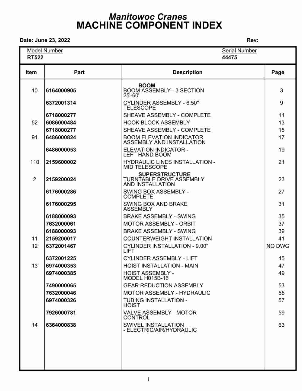 Grove RT522 Crane Parts Manual 44475 2022