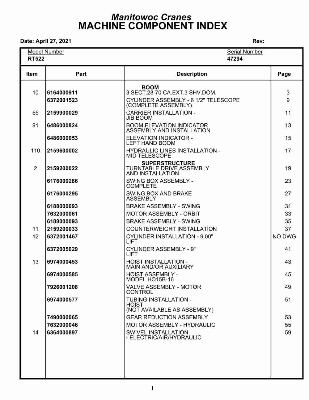 Grove RT522 Crane Parts Manual 47294 2021