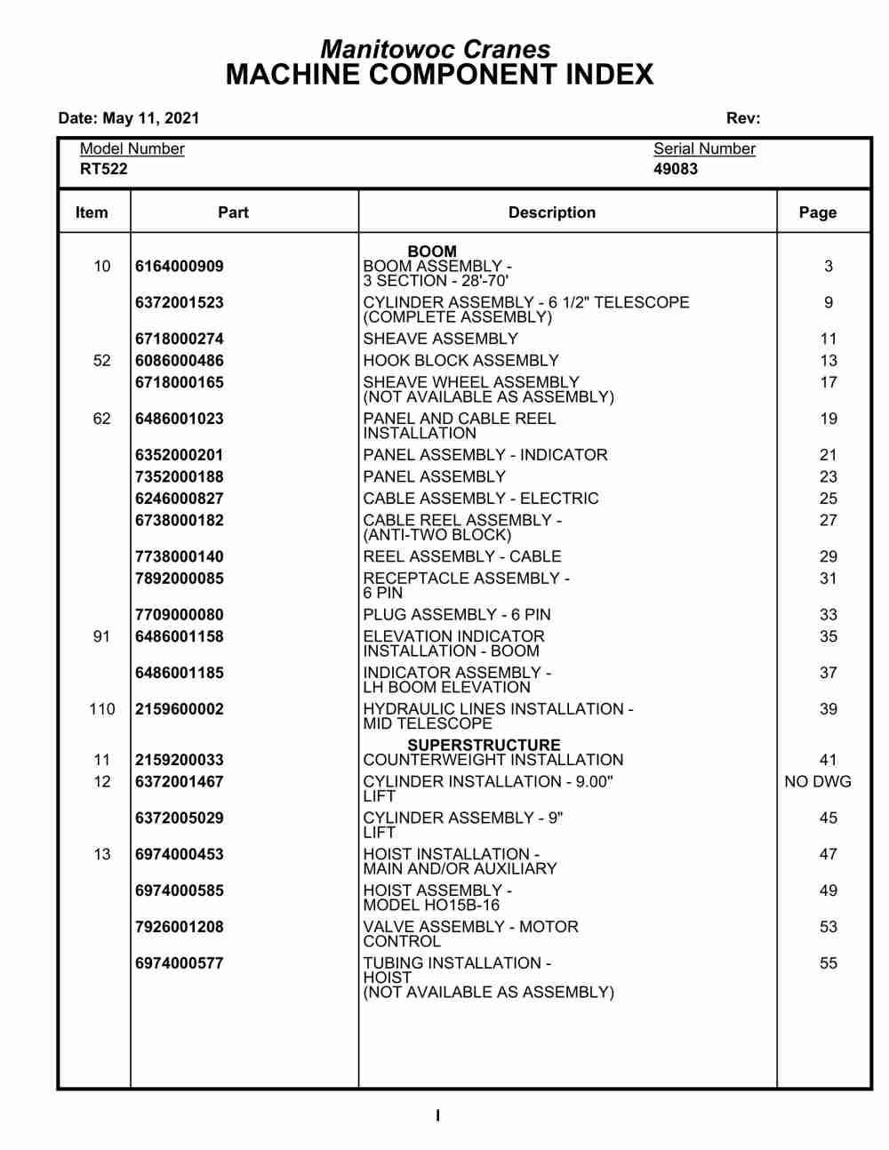 Grove RT522 Crane Parts Manual 49083 2021