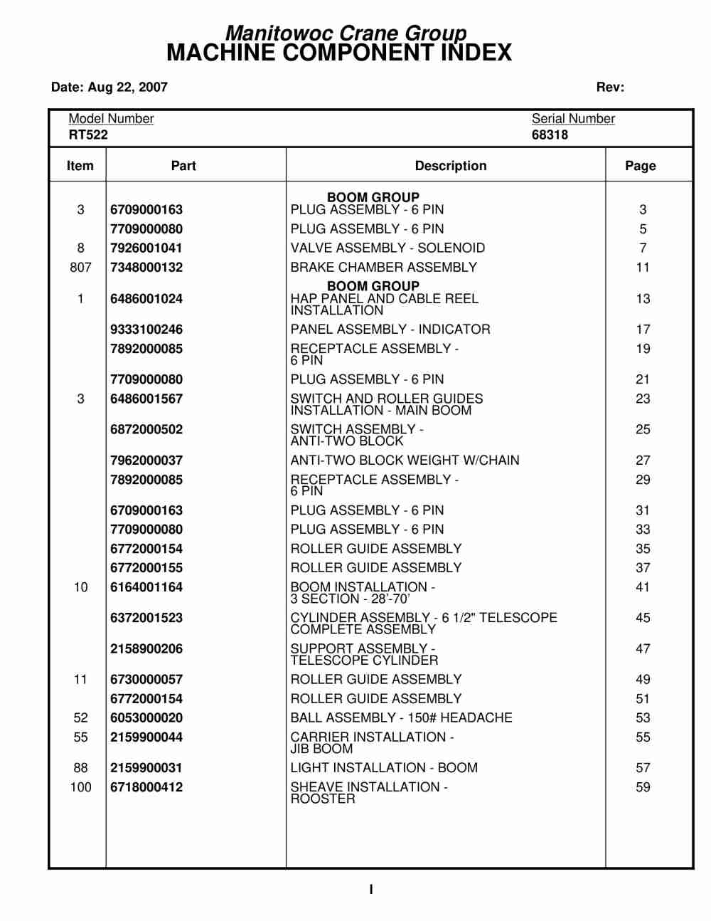 Grove RT522 Crane Parts Manual 68318 2007