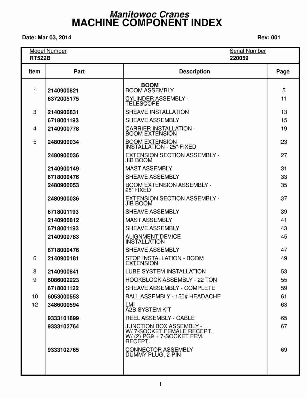 Grove RT522B Crane Parts Manual 220059 2014