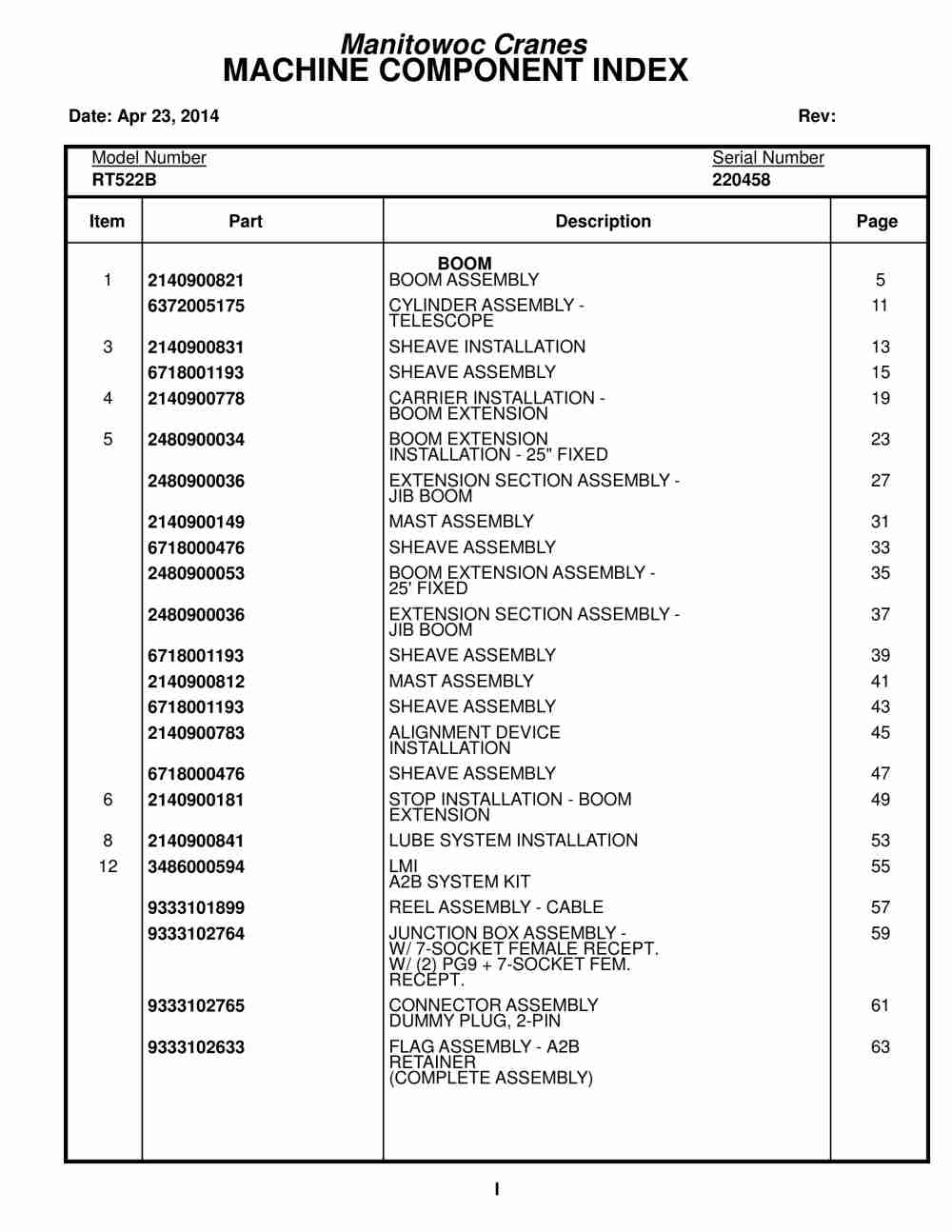 Grove RT522B Crane Parts Manual 220458 2014