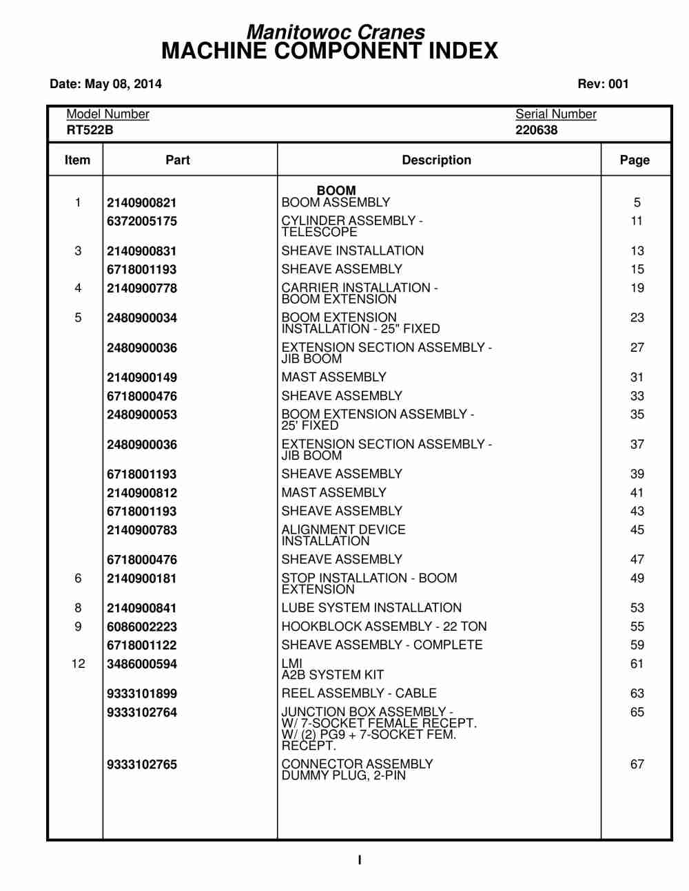 Grove RT522B Crane Parts Manual 220638 2014