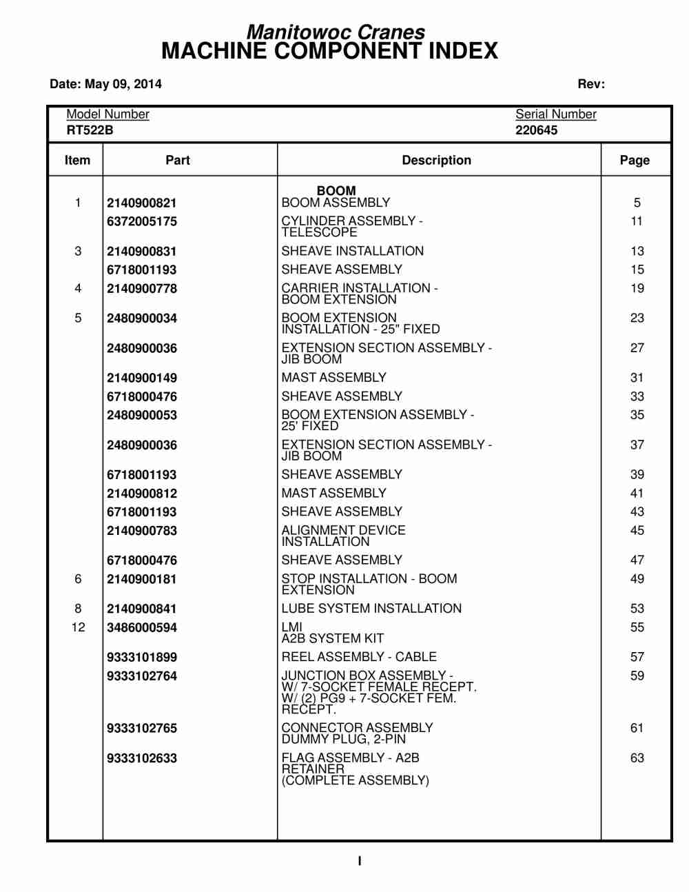 Grove RT522B Crane Parts Manual 220645 2014