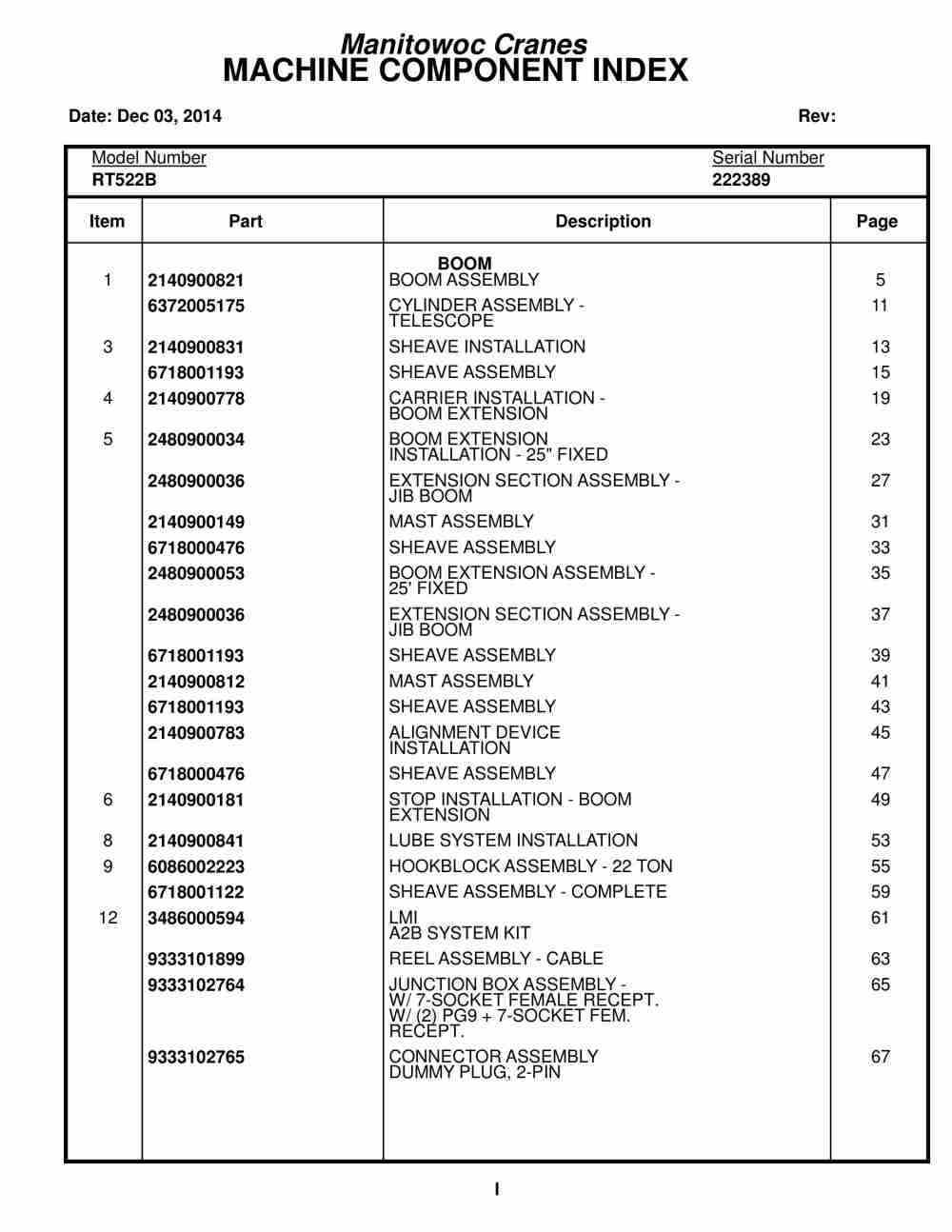 Grove RT522B Crane Parts Manual 222389 2014