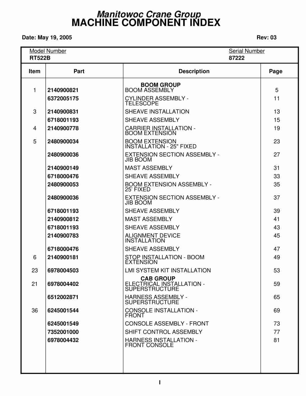 Grove RT522B Crane Parts Manual 87222 2005