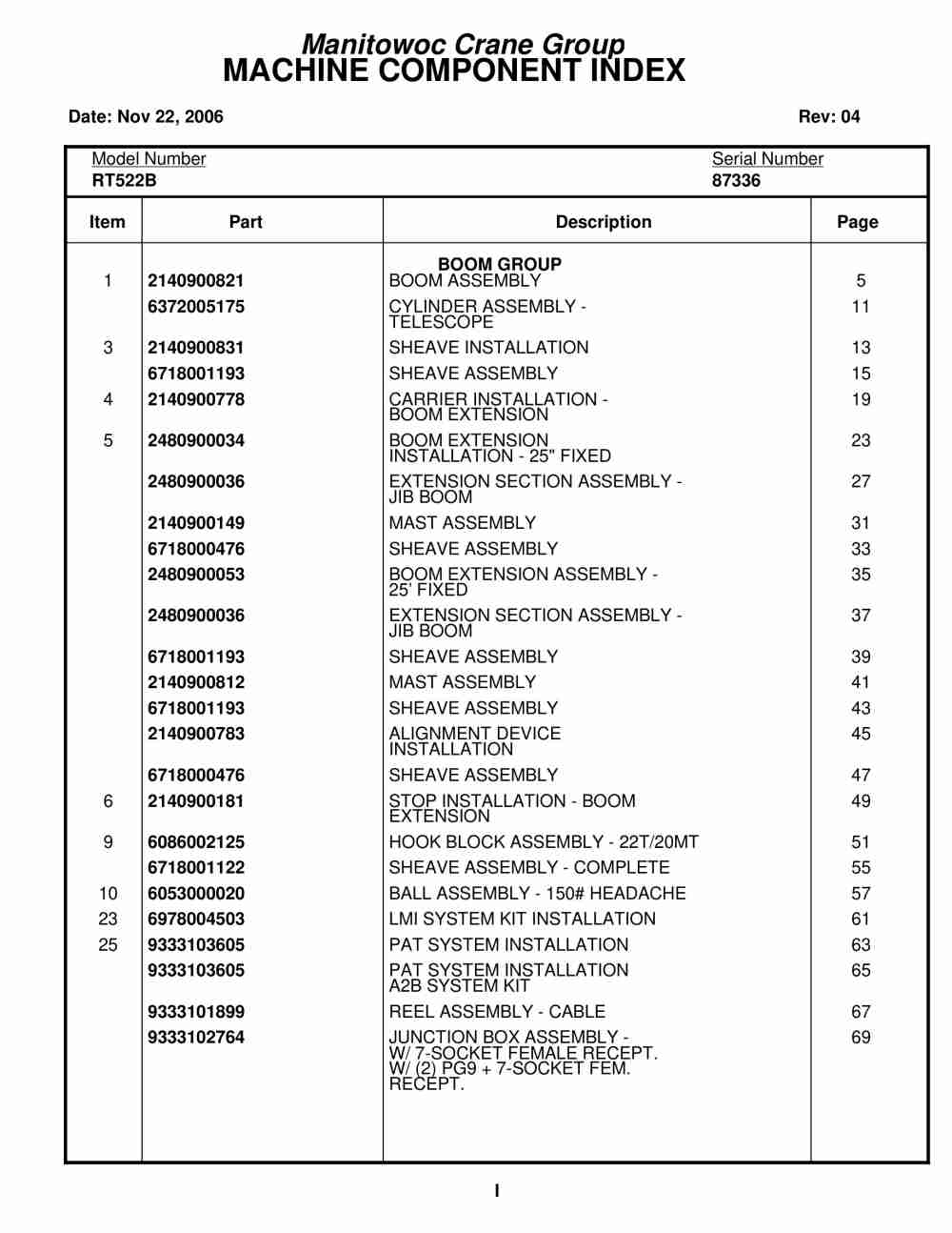 Grove RT522B Crane Parts Manual 87336 2006