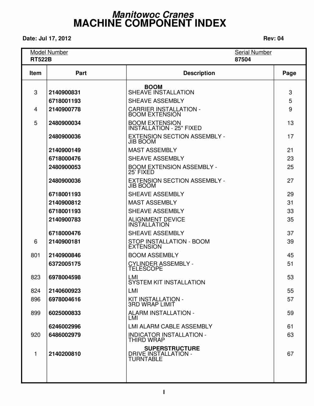 Grove RT522B Crane Parts Manual 87504 2012