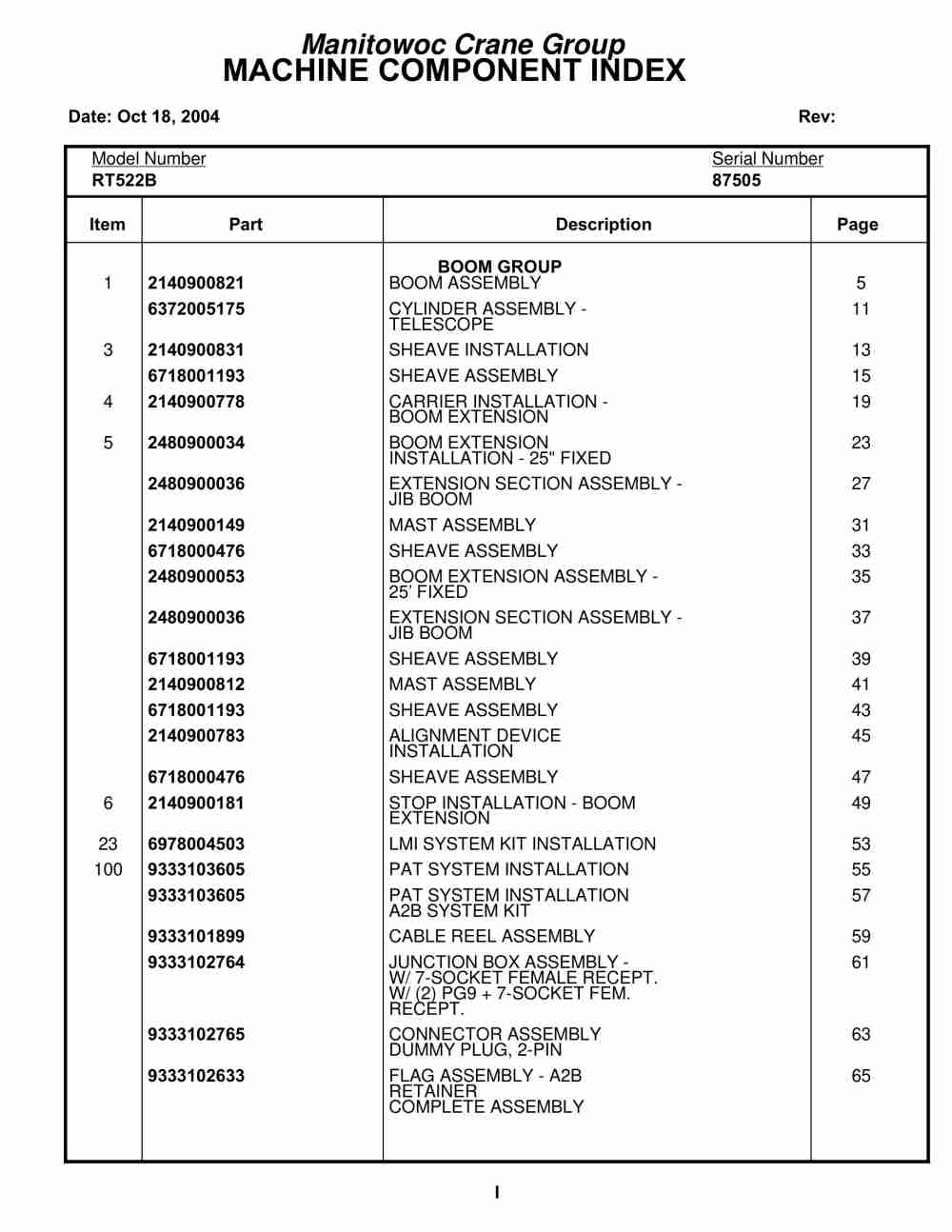 Grove RT522B Crane Parts Manual 87505 2004