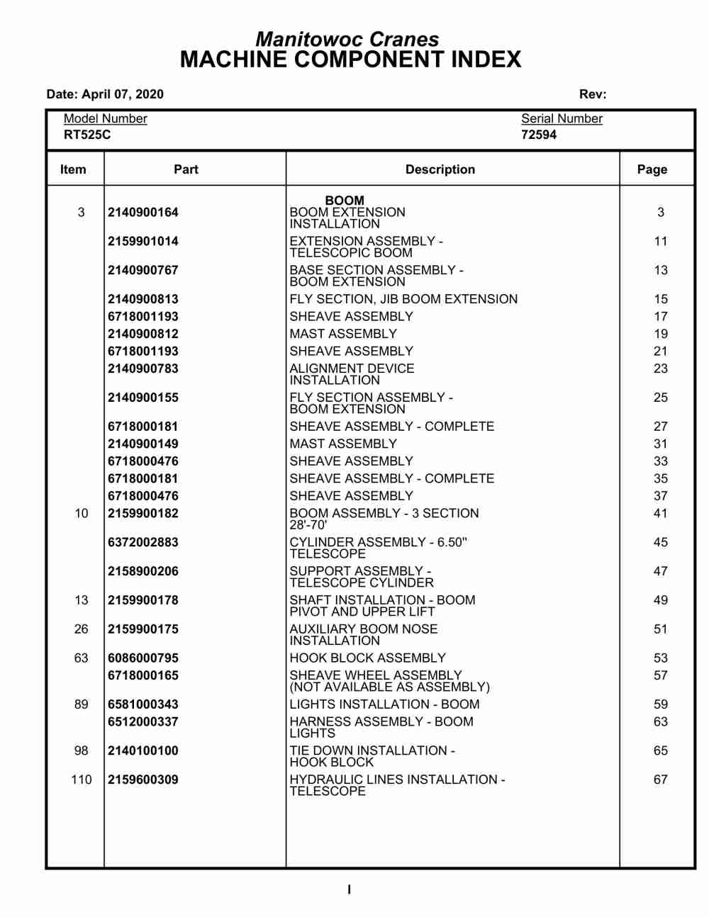 Grove RT525C Crane Parts Manual 72594 2020