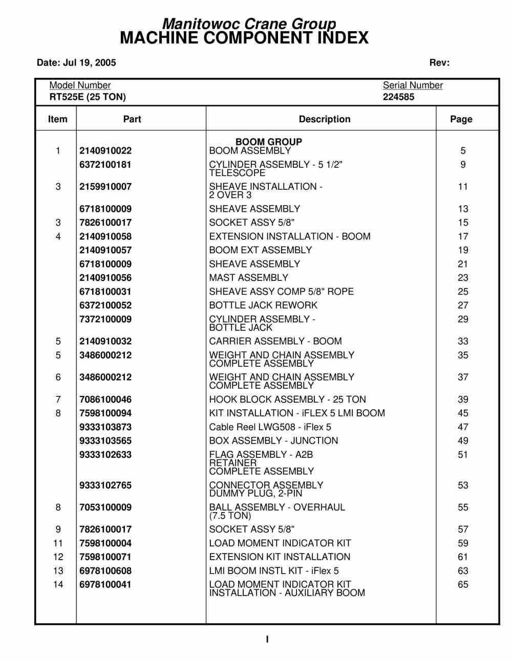 Grove RT525E Crane Parts Manual 224585 2005