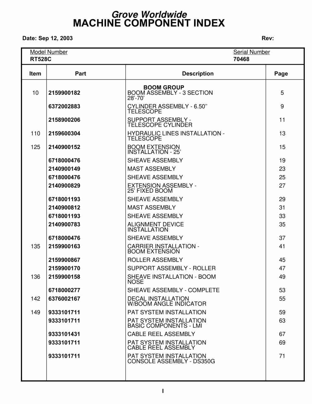 Grove RT528C Crane Parts Manual 70468 2003