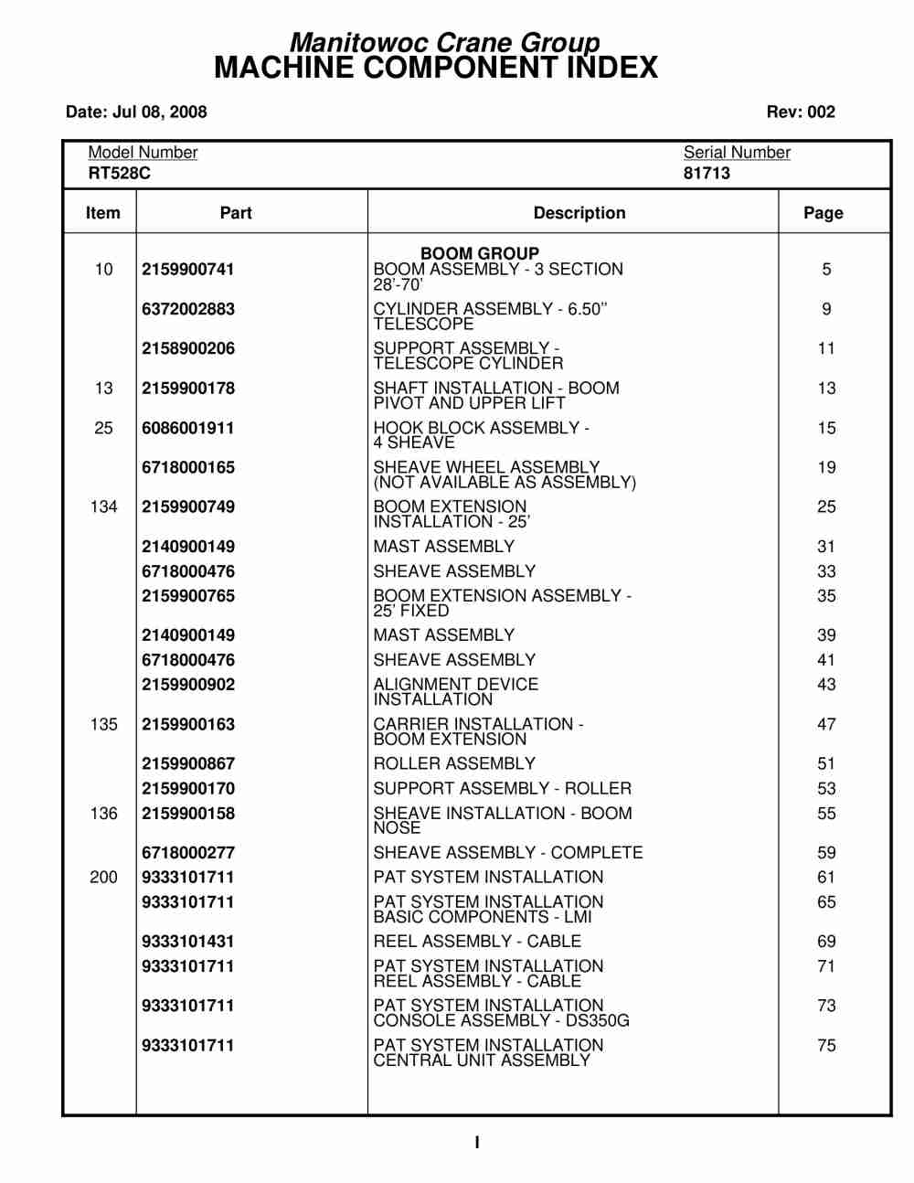 Grove RT528C Crane Parts Manual 81713 2008