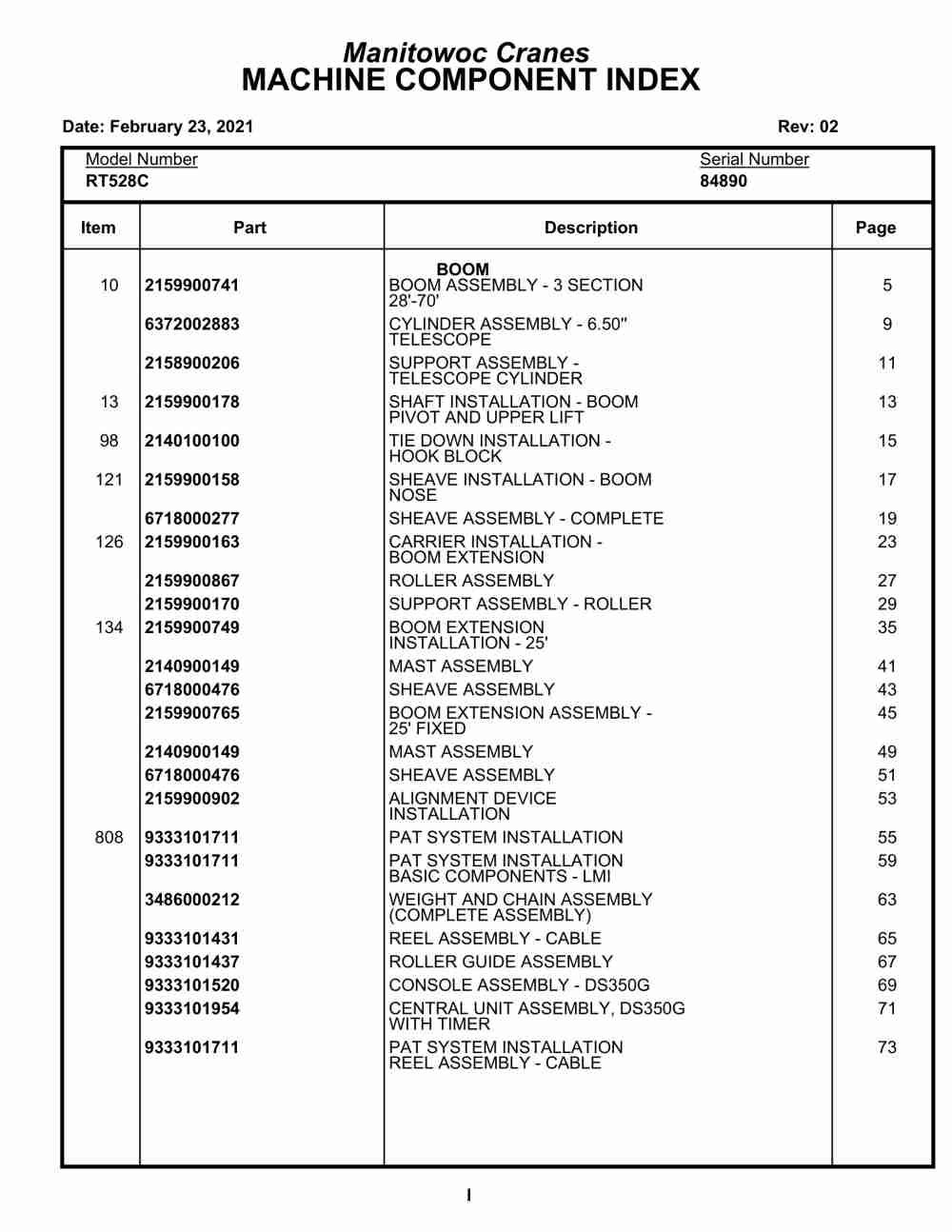 Grove RT528C Crane Parts Manual 84890 2021
