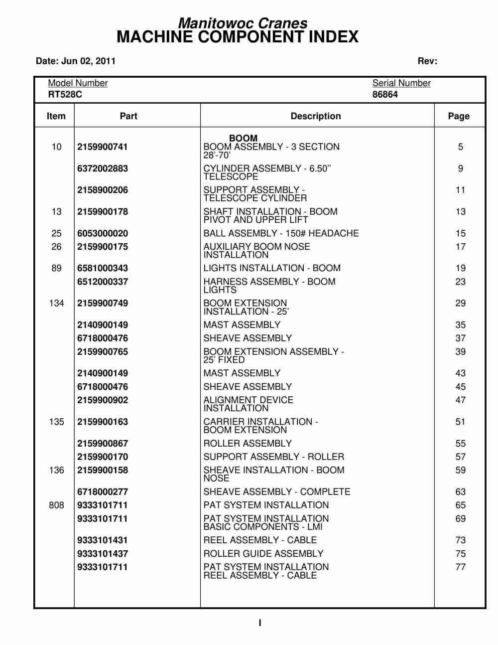 Grove RT528C Crane Parts Manual 86864 2011