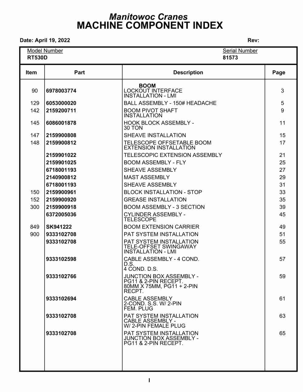 Grove RT530D Crane Parts Manual 81573 007 2022