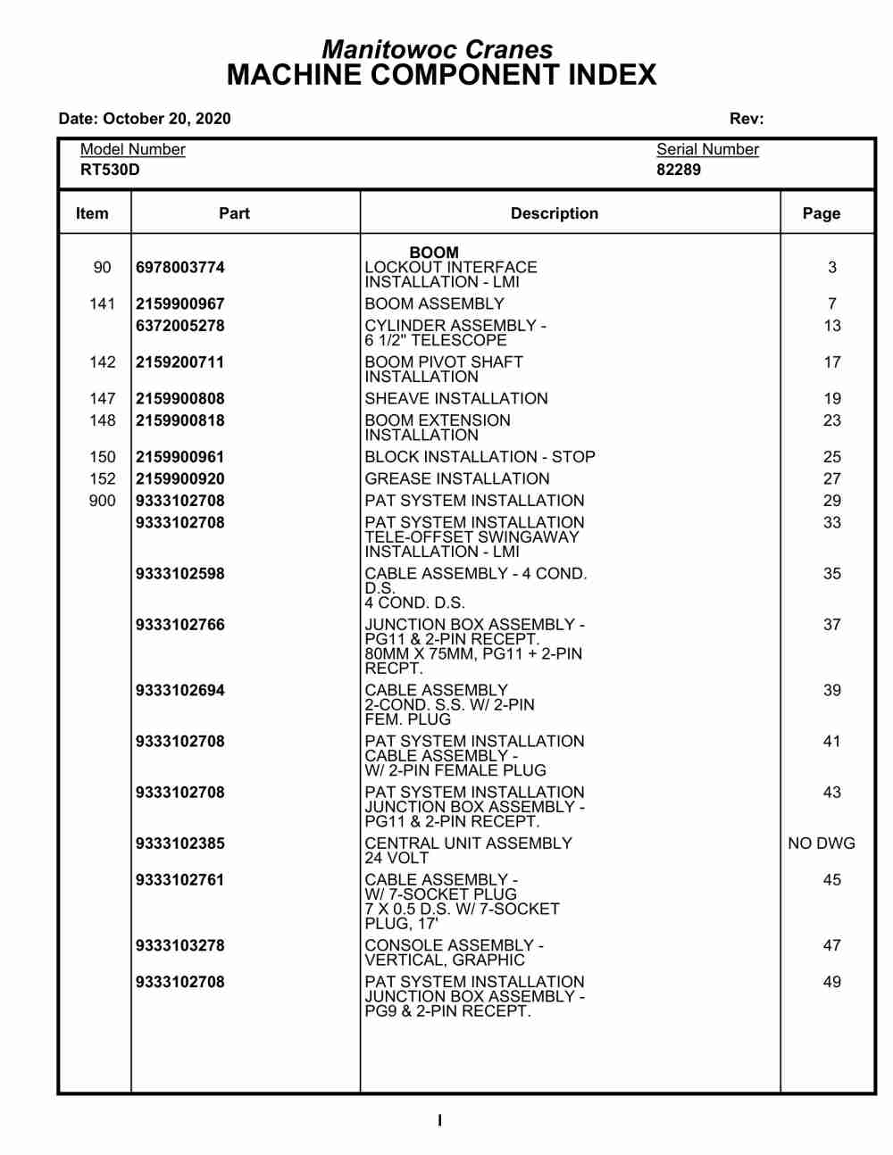Grove RT530D Crane Parts Manual 82289 2020
