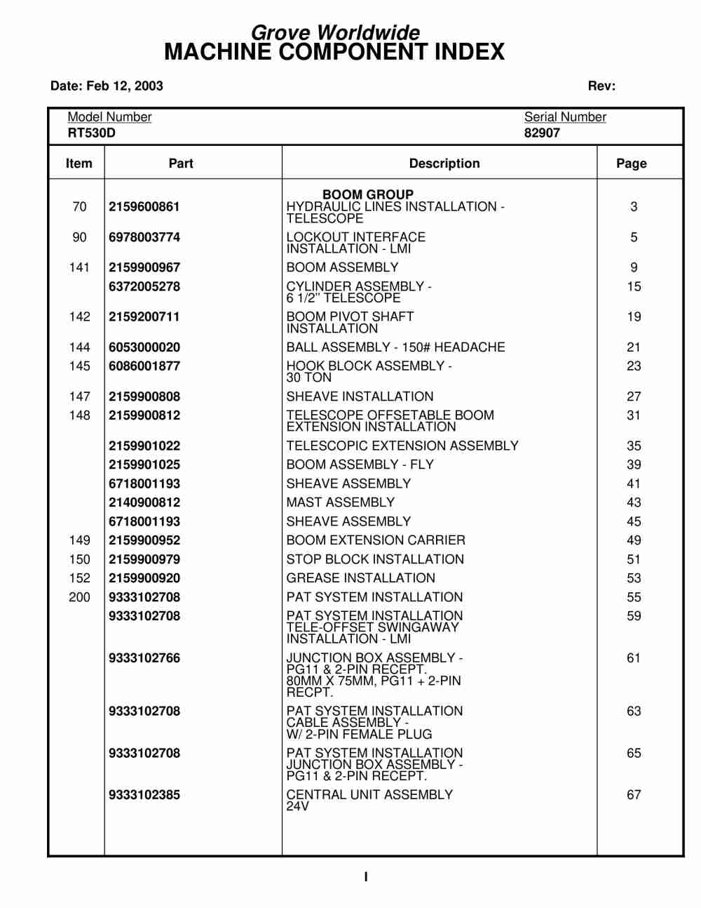 Grove RT530D Crane Parts Manual 82907 2003