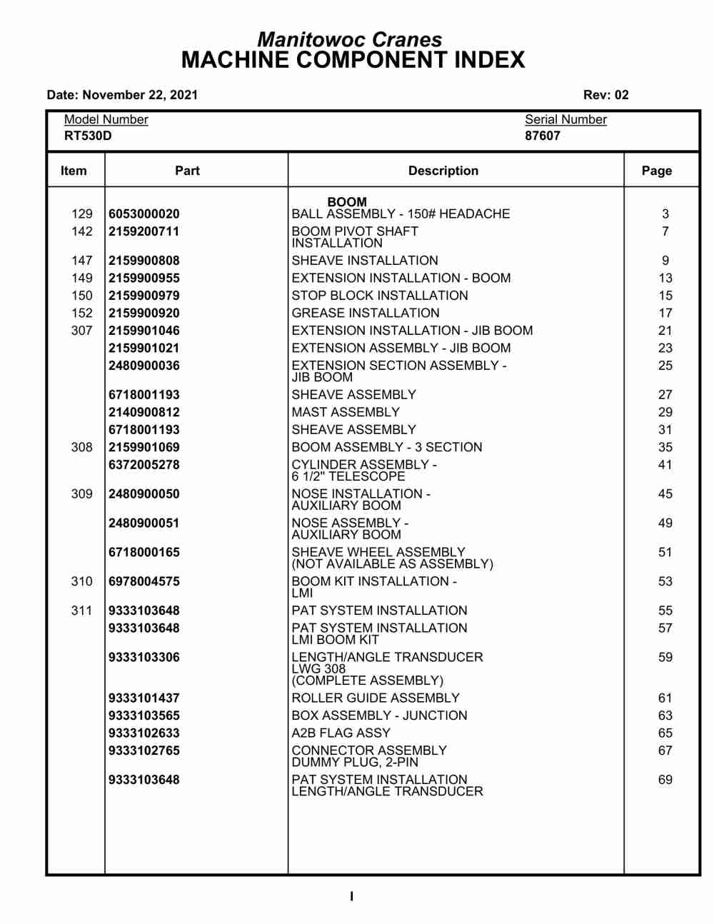 Grove RT530D Crane Parts Manual 87607 2021