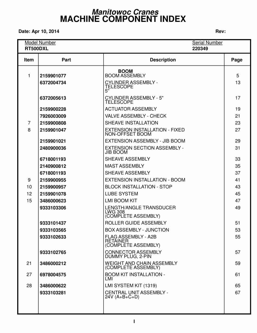 Grove RT530DXL Crane Parts Manual 220349 2014