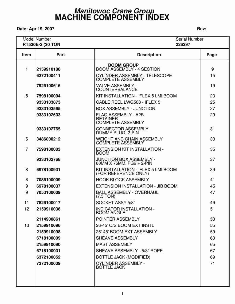 Grove RT530E-2 Crane Parts Manual 226297 2007
