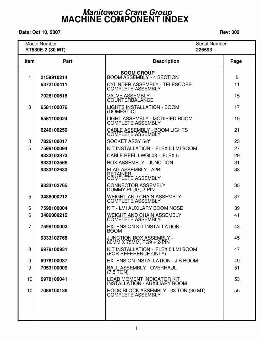 Grove RT530E-2 Crane Parts Manual 226593 2007
