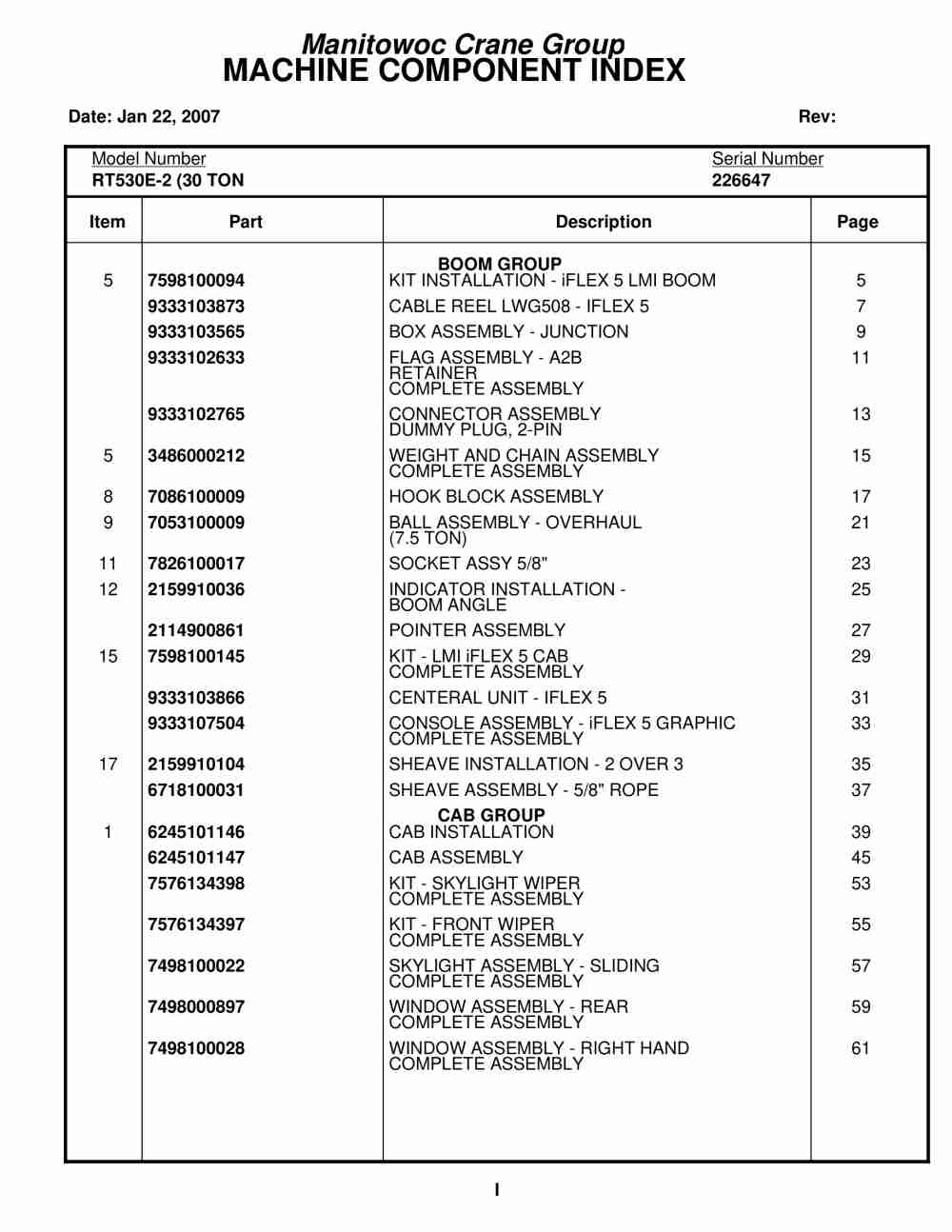 Grove RT530E-2 Crane Parts Manual 226647 2007