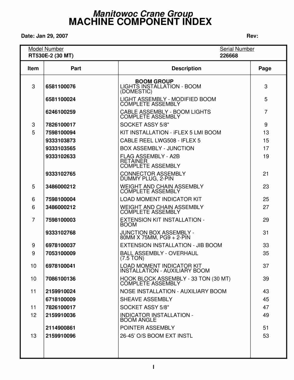 Grove RT530E-2 Crane Parts Manual 226668 2007