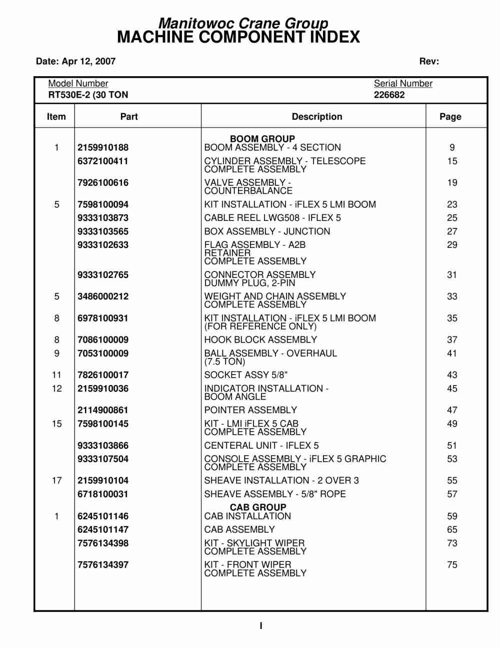 Grove RT530E-2 Crane Parts Manual 226682 2007