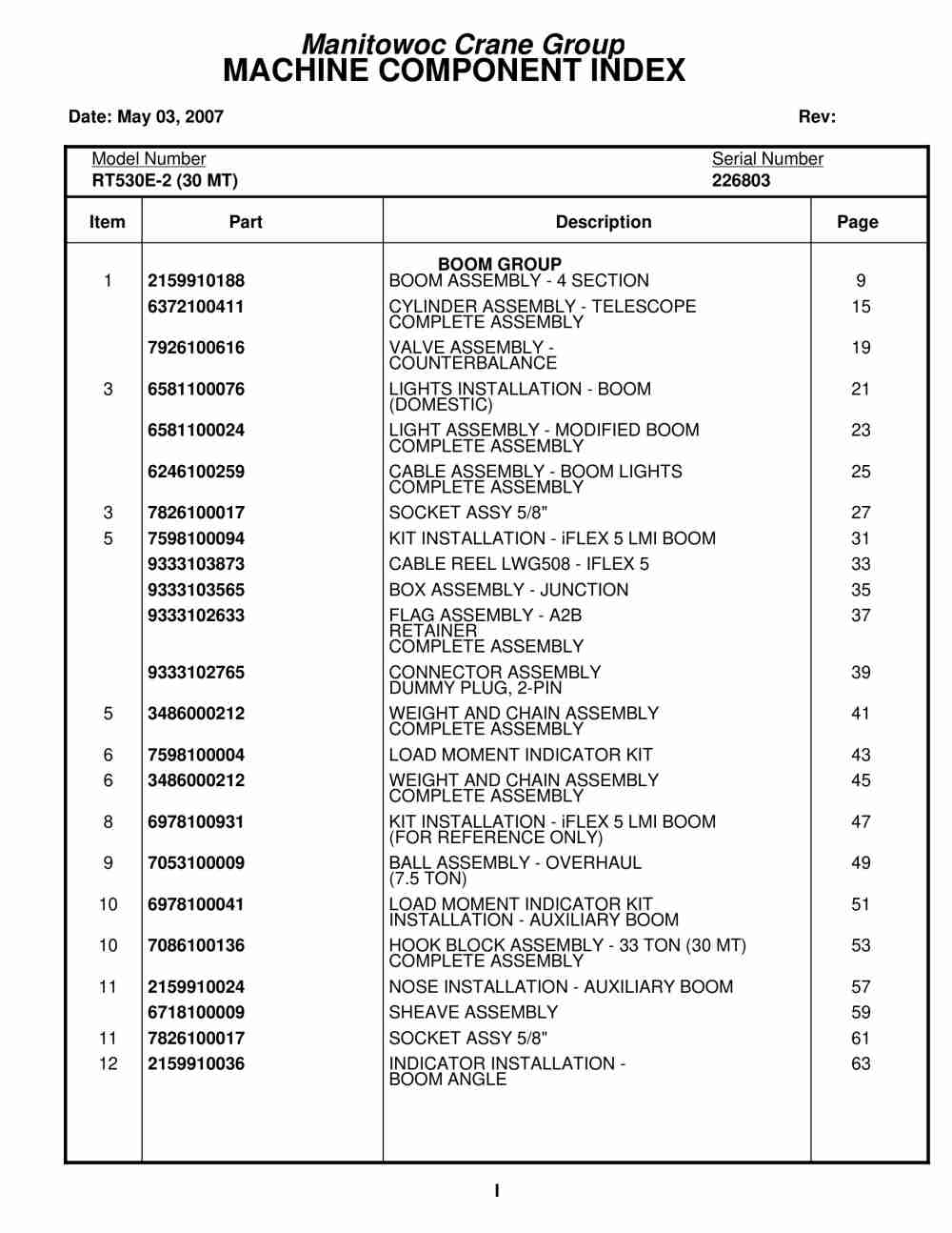 Grove RT530E-2 Crane Parts Manual 226803 2007