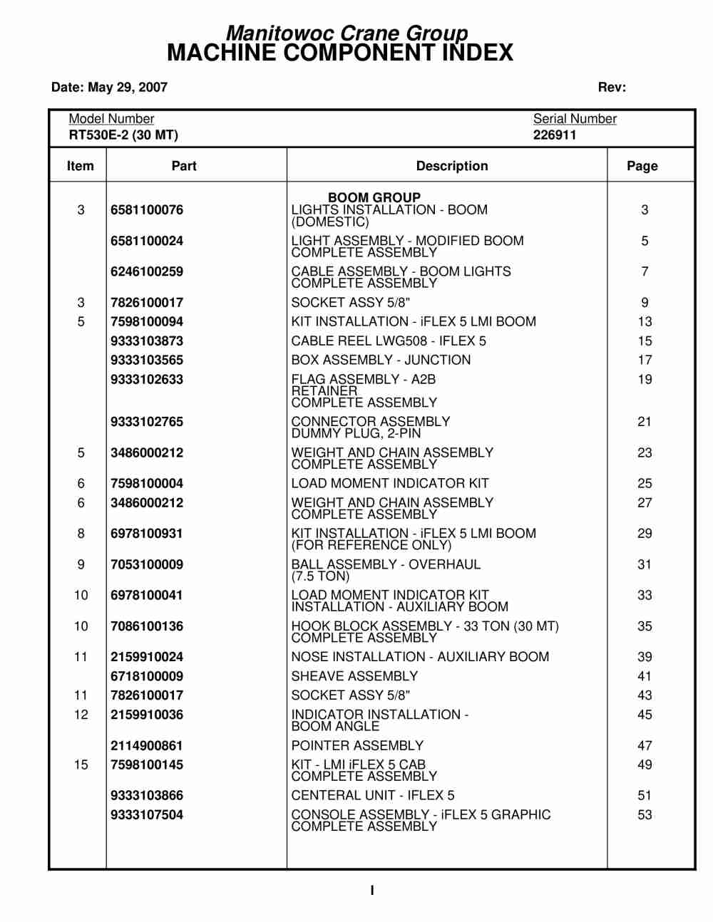 Grove RT530E-2 Crane Parts Manual 226911 2007
