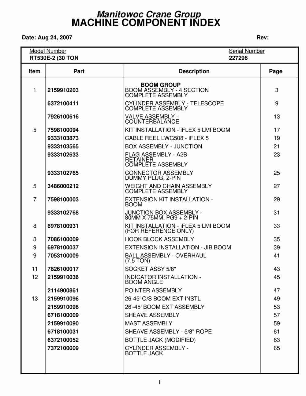 Grove RT530E-2 Crane Parts Manual 227296 2007