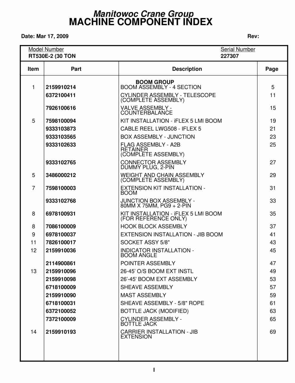 Grove RT530E-2 Crane Parts Manual 227307 2009