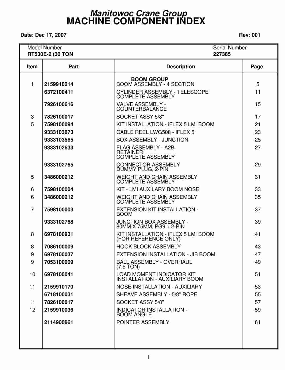 Grove RT530E-2 Crane Parts Manual 227385 2007