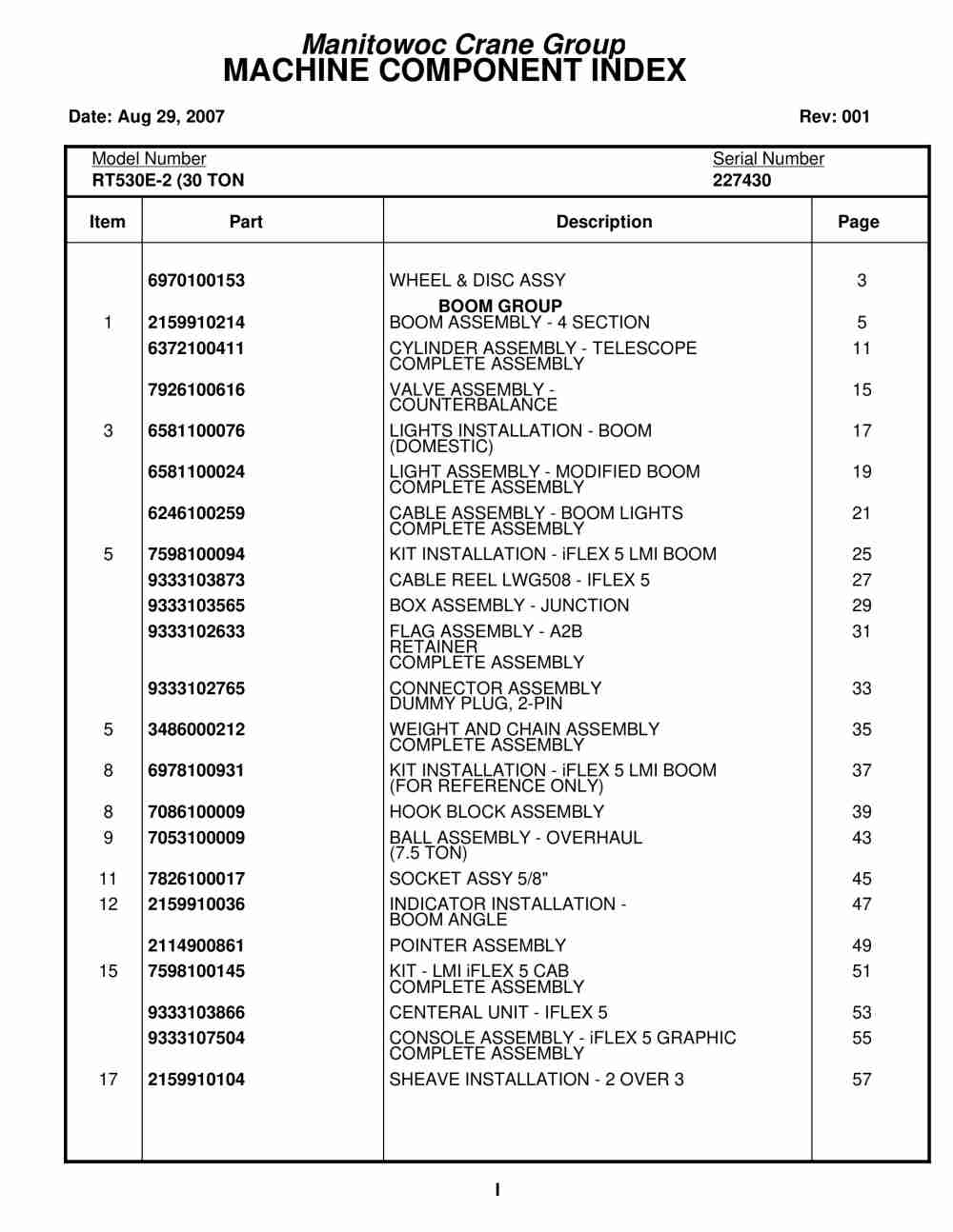 Grove RT530E-2 Crane Parts Manual 227430 2007