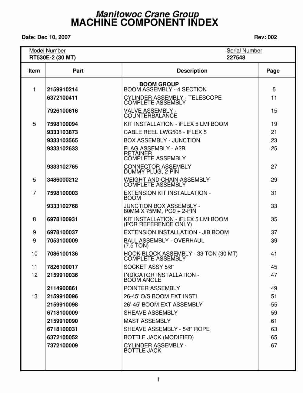 Grove RT530E-2 Crane Parts Manual 227548 2007
