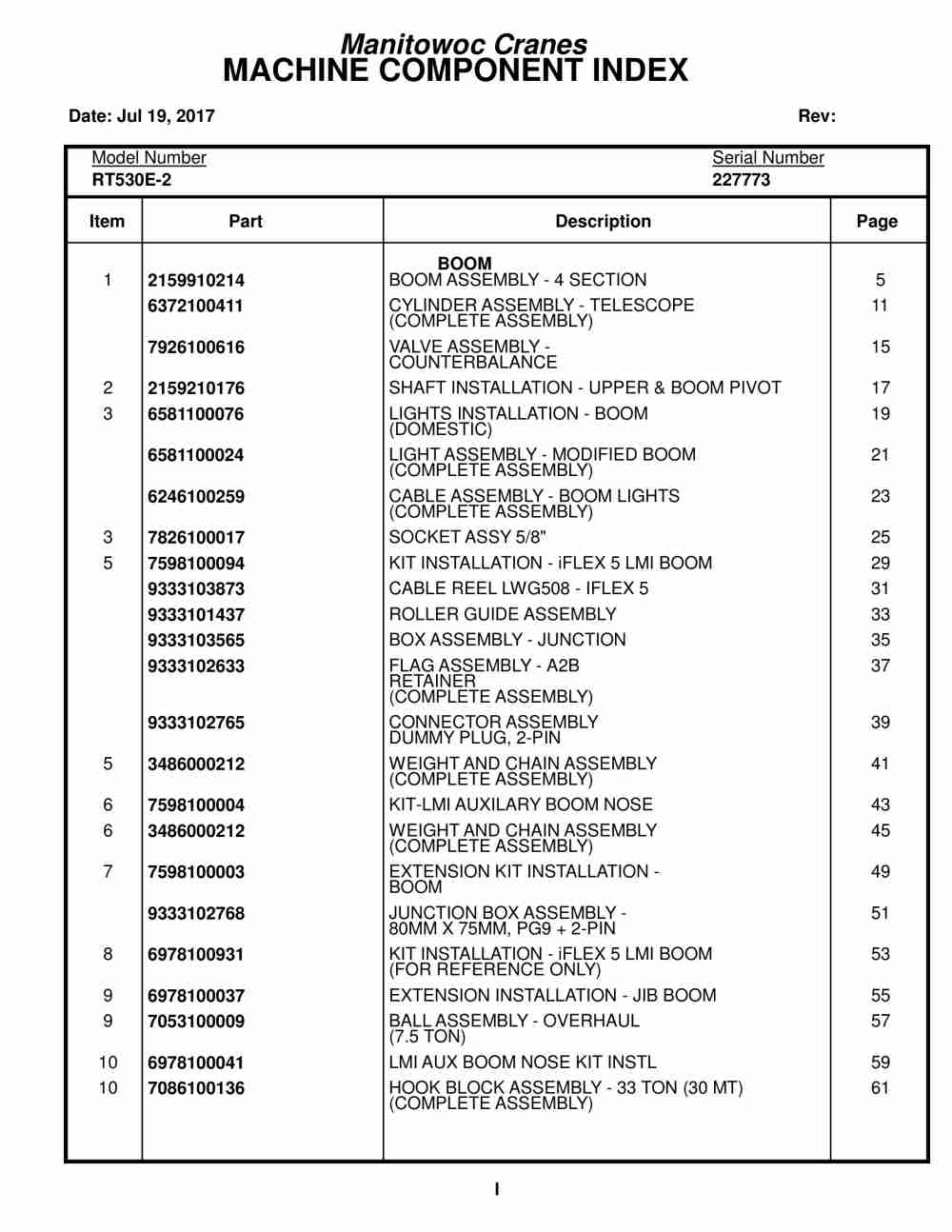 Grove RT530E-2 Crane Parts Manual 227773 2017