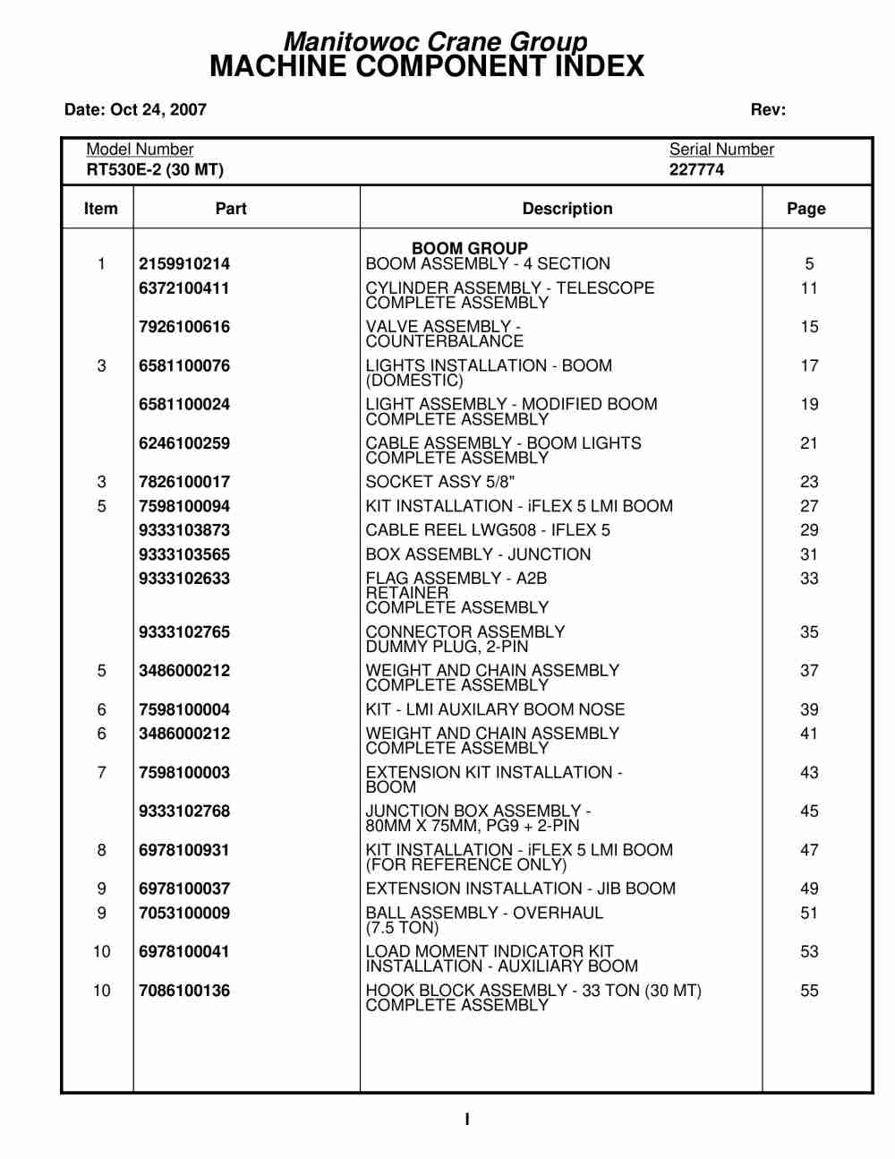 Grove RT530E-2 Crane Parts Manual 227774 2007