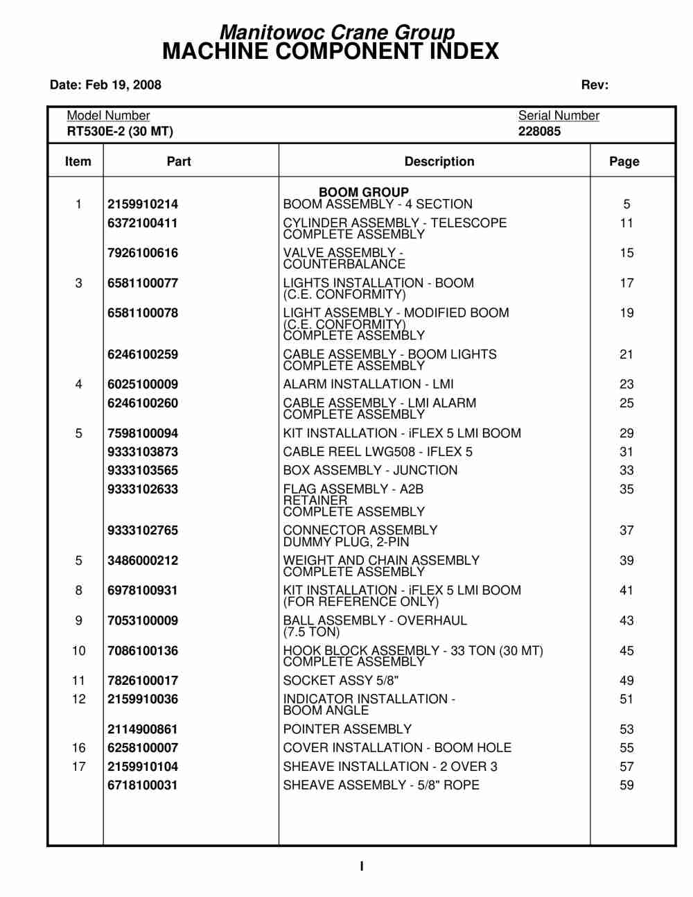 Grove RT530E-2 Crane Parts Manual 228085 2008