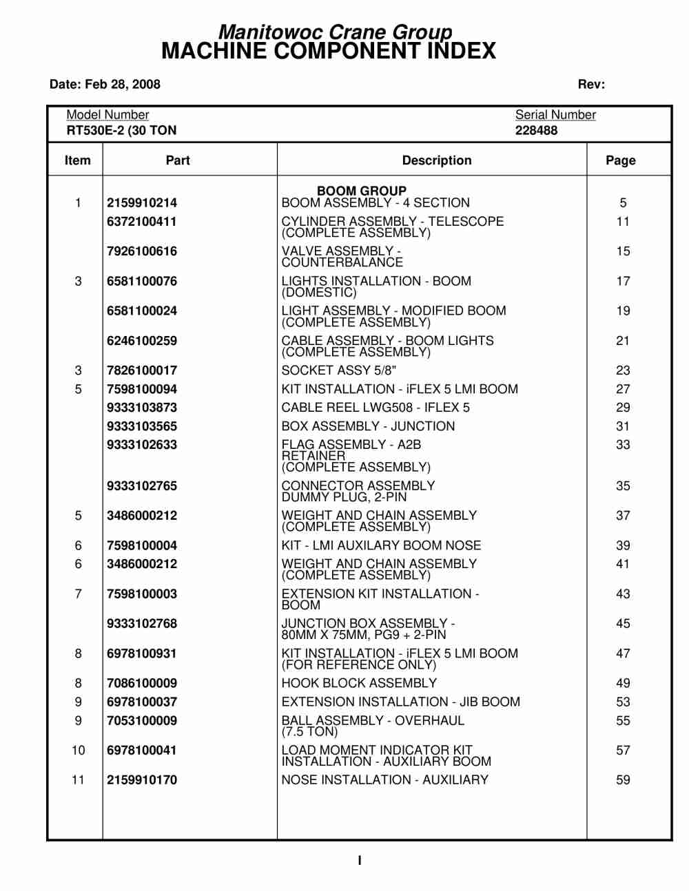 Grove RT530E-2 Crane Parts Manual 228488 2008