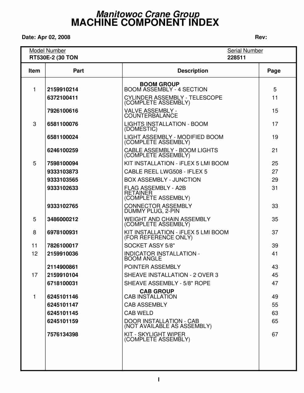Grove RT530E-2 Crane Parts Manual 228511 2008