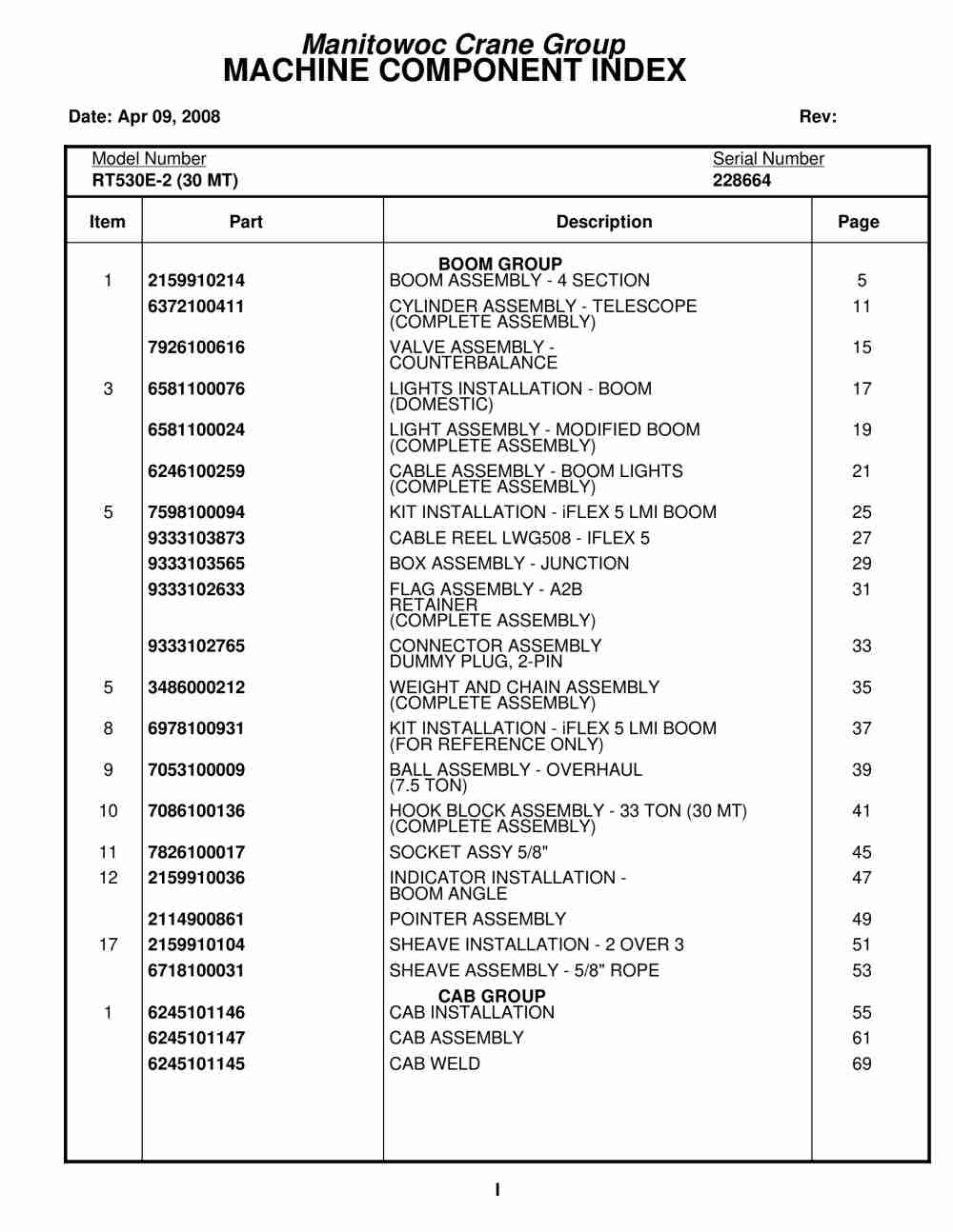 Grove RT530E-2 Crane Parts Manual 228664 2008